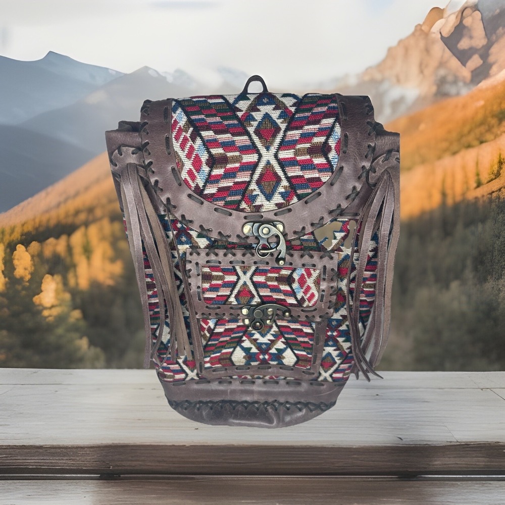 Aztec Backpack Woven Burgundy Tan Western Southwestern Leather Trim Fringe New